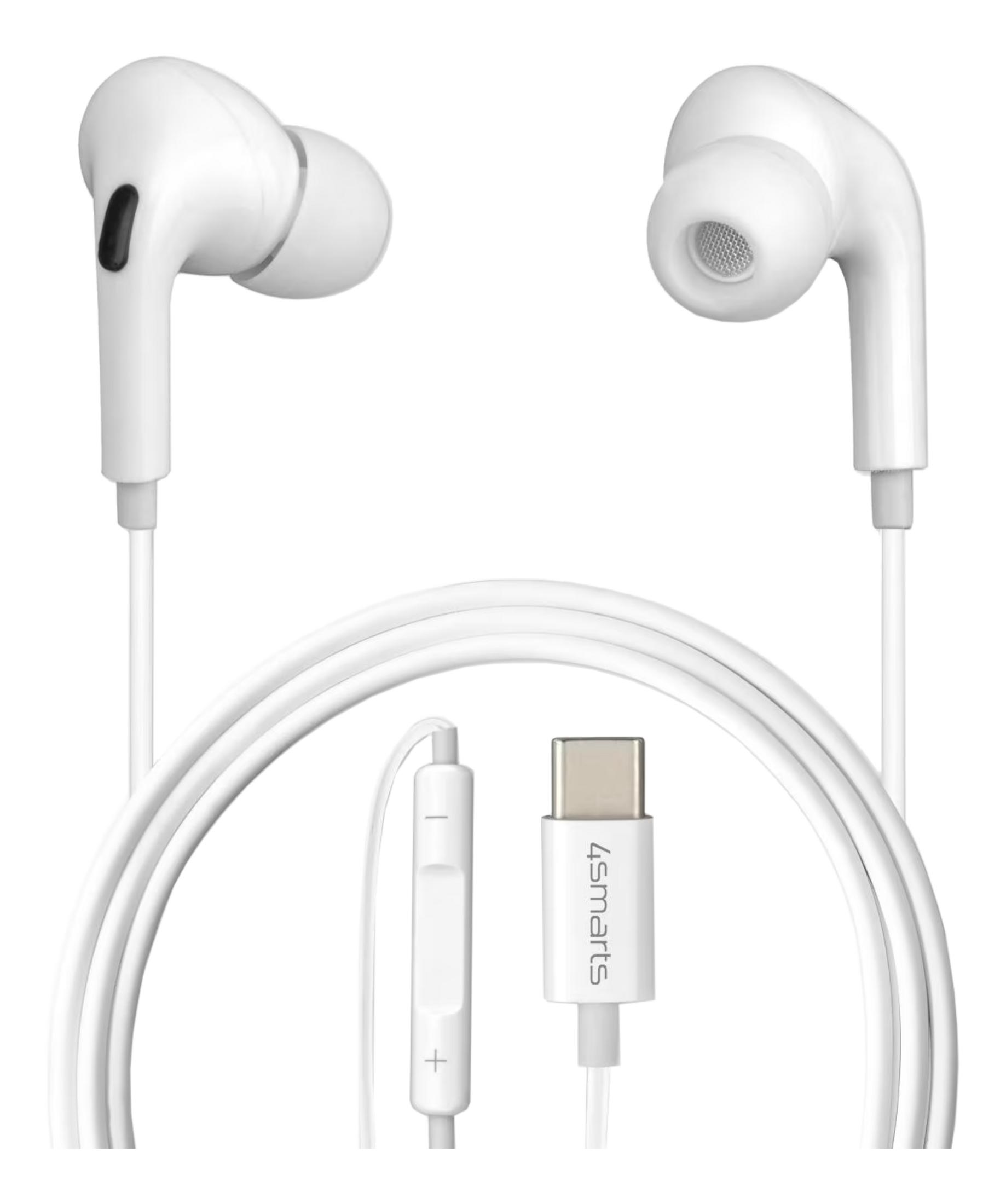 Białe słuchawki douszne ze złączem USB-C i pilotem.