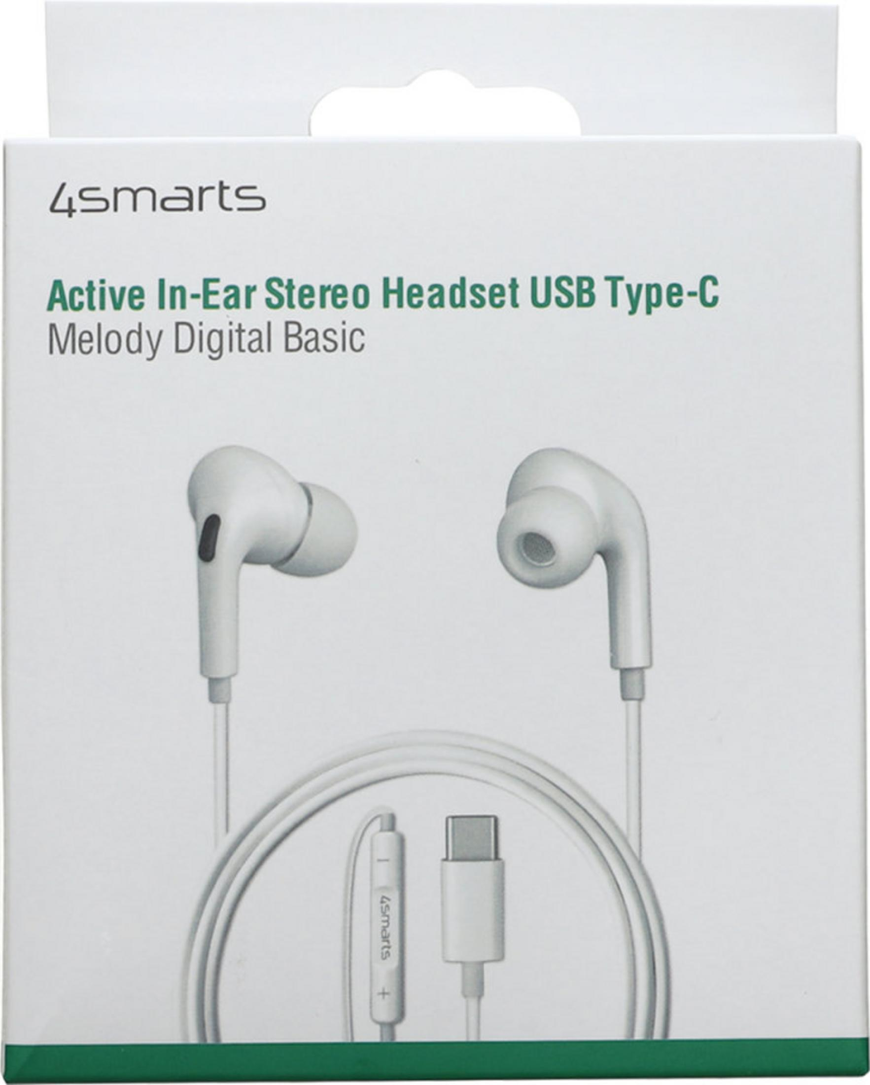 Białe słuchawki stereo typu in-ear ze złączem USB-C i pilotem.
