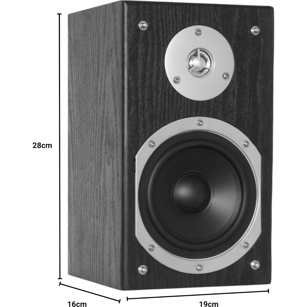 Un altavoz de madera negro con agudos y woofer plateados. Dimensiones mostradas.