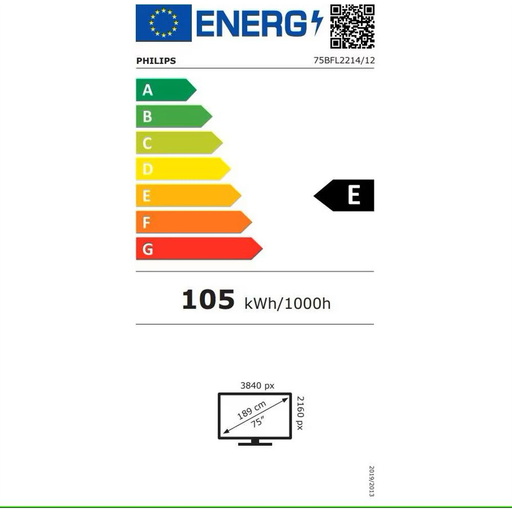 Energielabel Philips TV, Klasse E, 105 kWh/1000h.