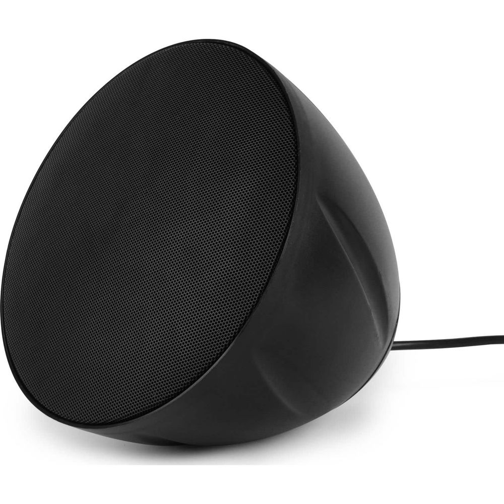 Un altavoz negro y esférico con frontal de malla, aislado en blanco.