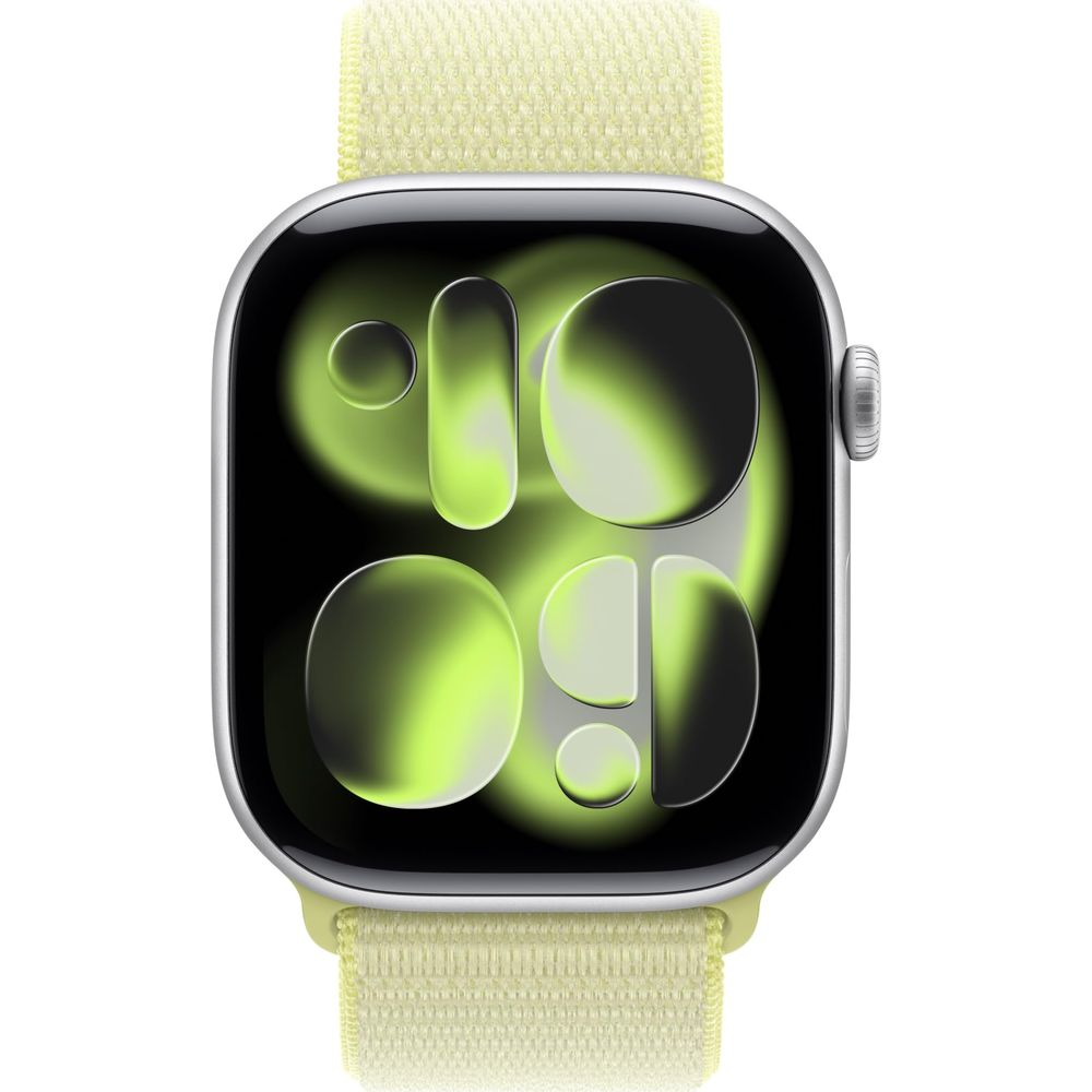 Eine gelbe Apple Watch mit grünem abstraktem Design auf dem Bildschirm.