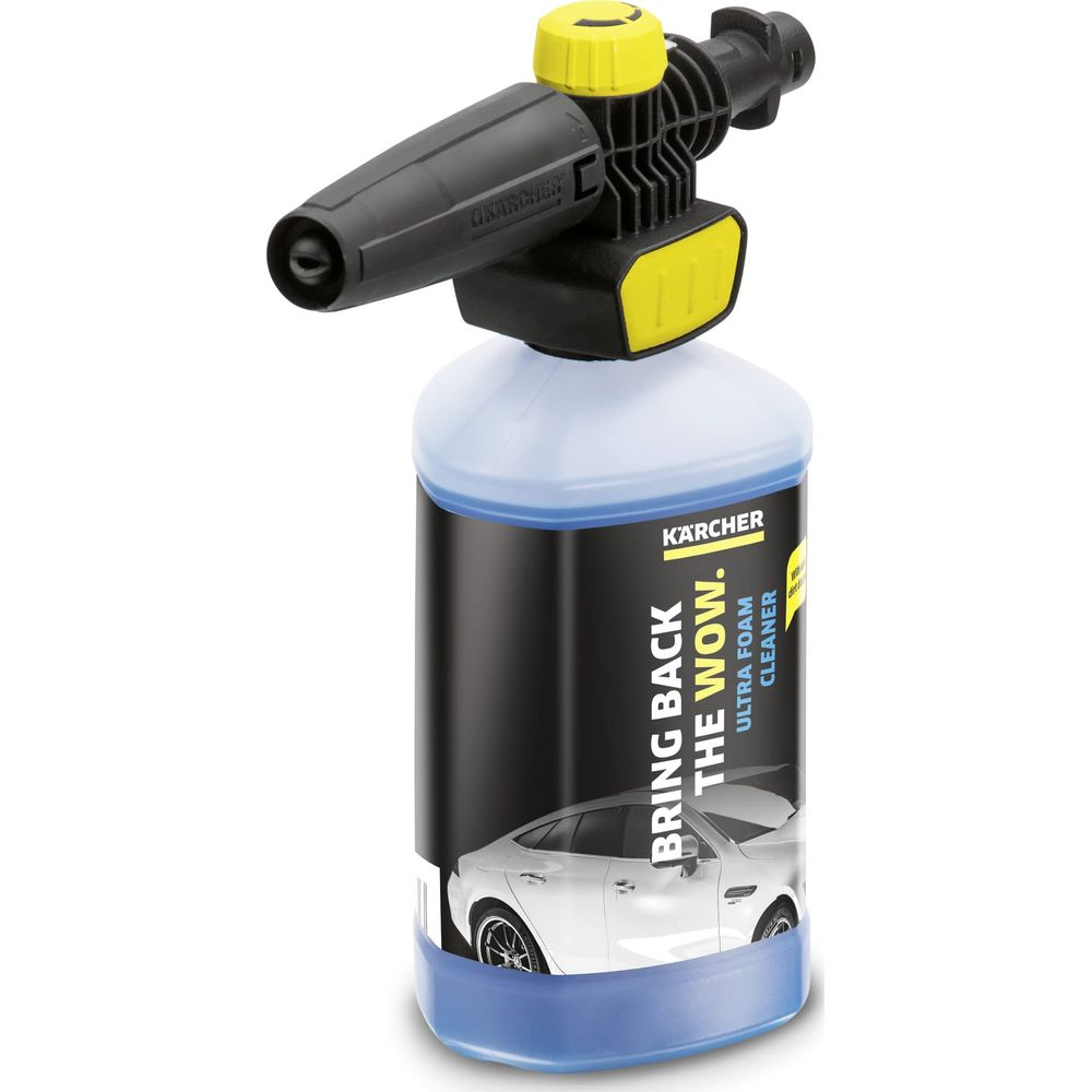 Flacone Karcher a cannone schiumogeno con auto bianca e schiuma blu.