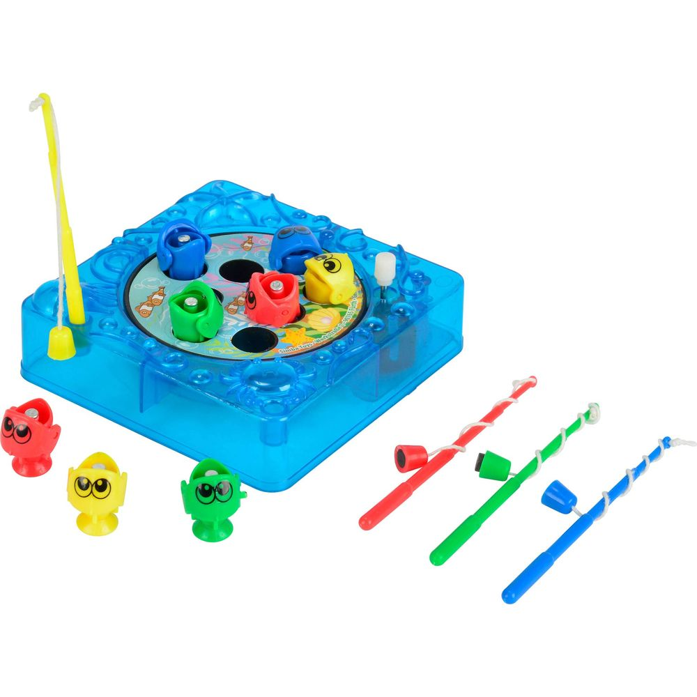 Ein blaues Angelspiel mit bunten Fischen und Angelruten auf weißem Hintergrund.