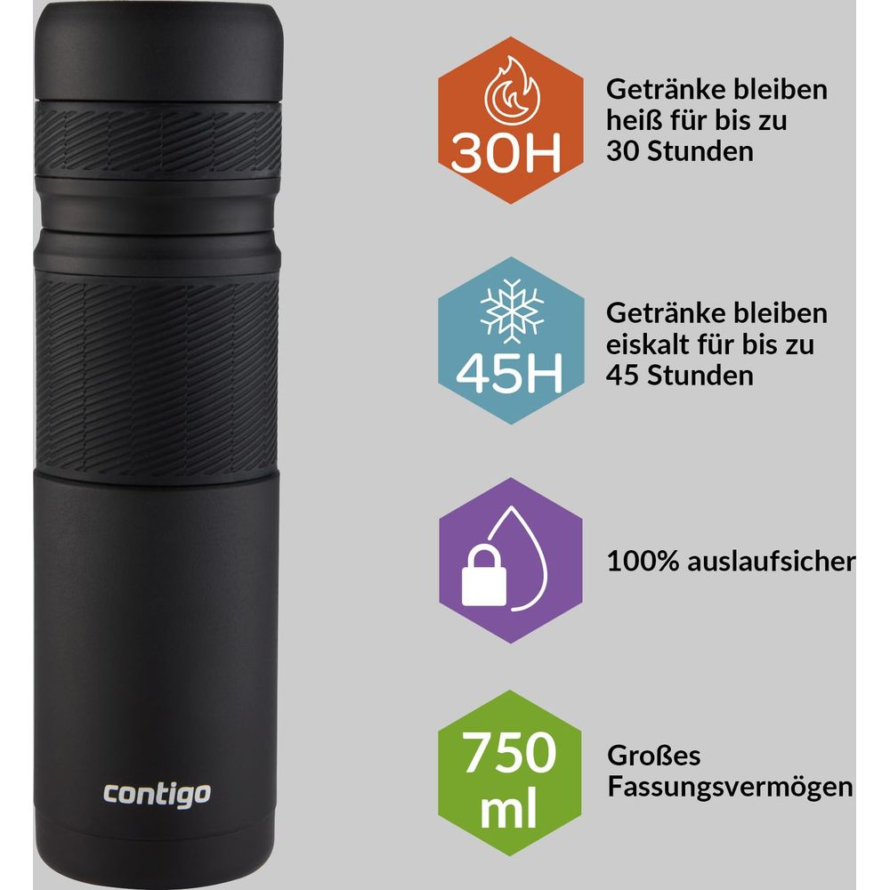 Schwarze Contigo Thermoskanne: Hält 30h heiß, 45h kalt, 100% dicht, 750ml.