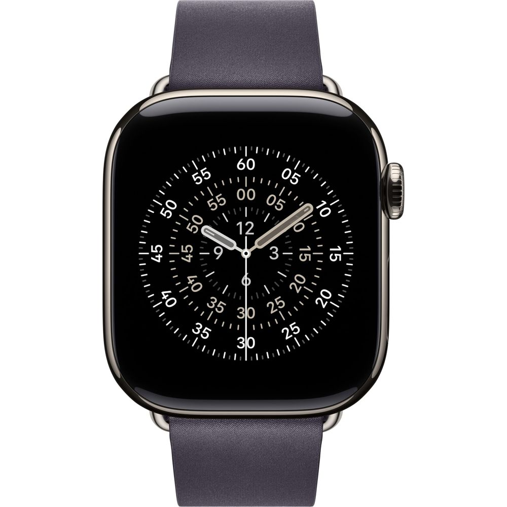 Uno smartwatch nero con cinturino scuro e quadrante analogico.