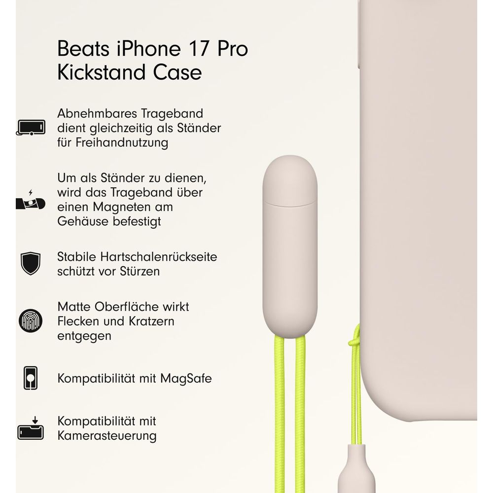 Una funda color crema para iPhone 17 Pro con correa extraíble que sirve de soporte.