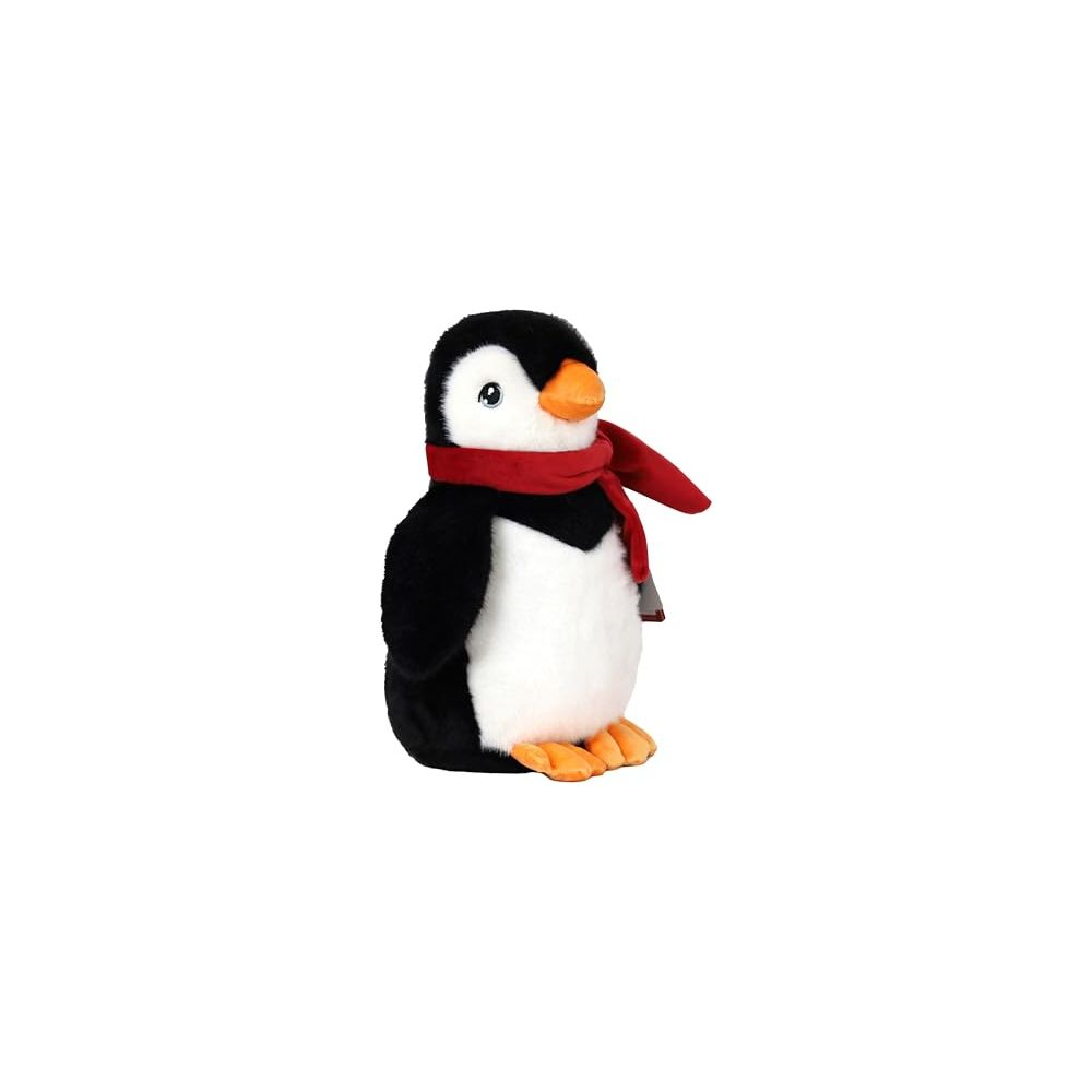 Pinguino di peluche con sciarpa rossa su sfondo bianco.