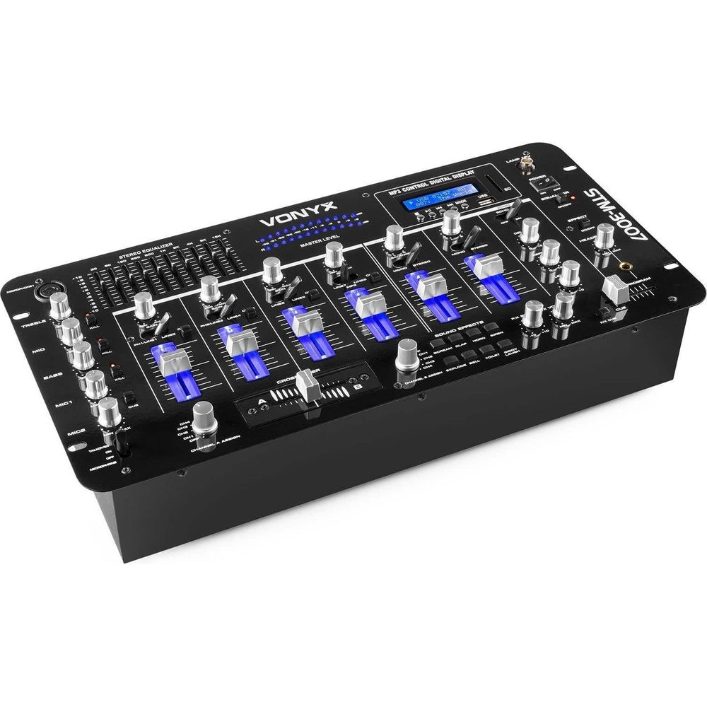 Mezclador DJ Vonyx STM-3007 negro con faders y botones iluminados en azul.
