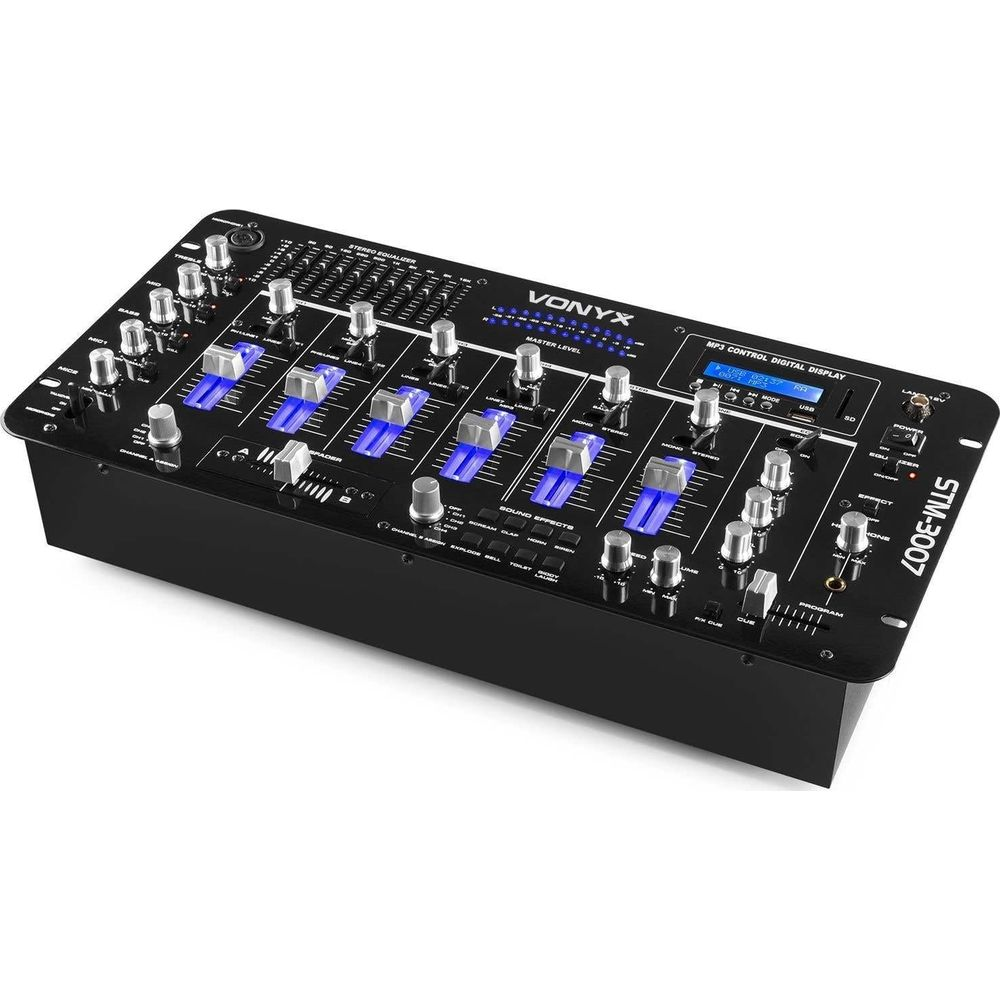 Mezclador DJ Vonyx STM-3007 negro con faders y perillas azules.
