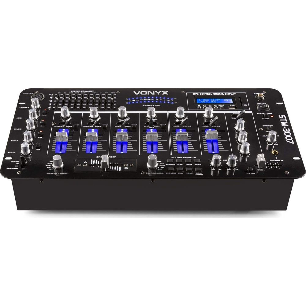 Un mezclador DJ Vonyx STM-3007 negro con iluminación azul y faders.