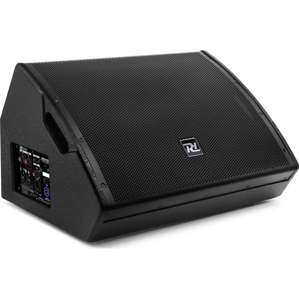 Altavoz profesional negro sobre fondo blanco con logo.