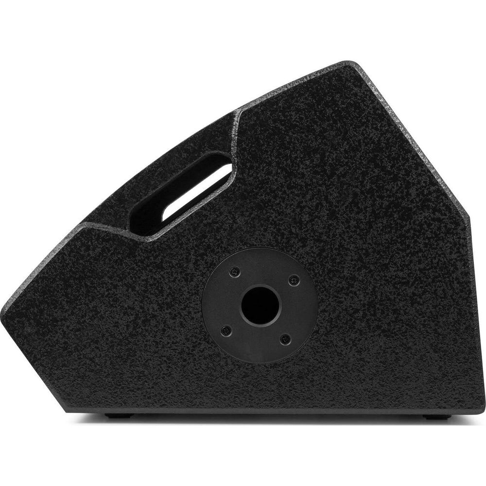 Caja de altavoz negra con asa empotrada y placa de conector redonda.