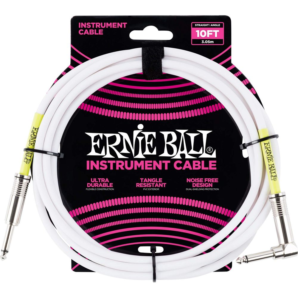 Cavo per strumenti bianco Ernie Ball da 10 piedi in confezione con jack dritti e angolati.