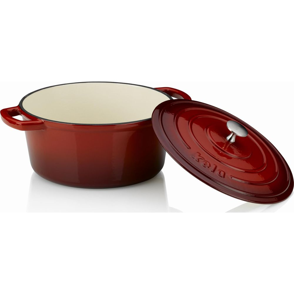 Eine rote Gusseisentopf mit Deckel.
