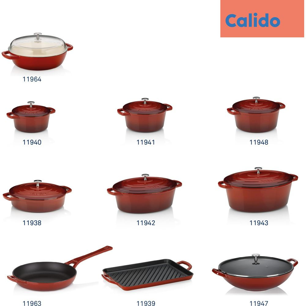 Verschiedene rote Kochutensilien, darunter Töpfe, eine Grillpfanne und ein Wok.
