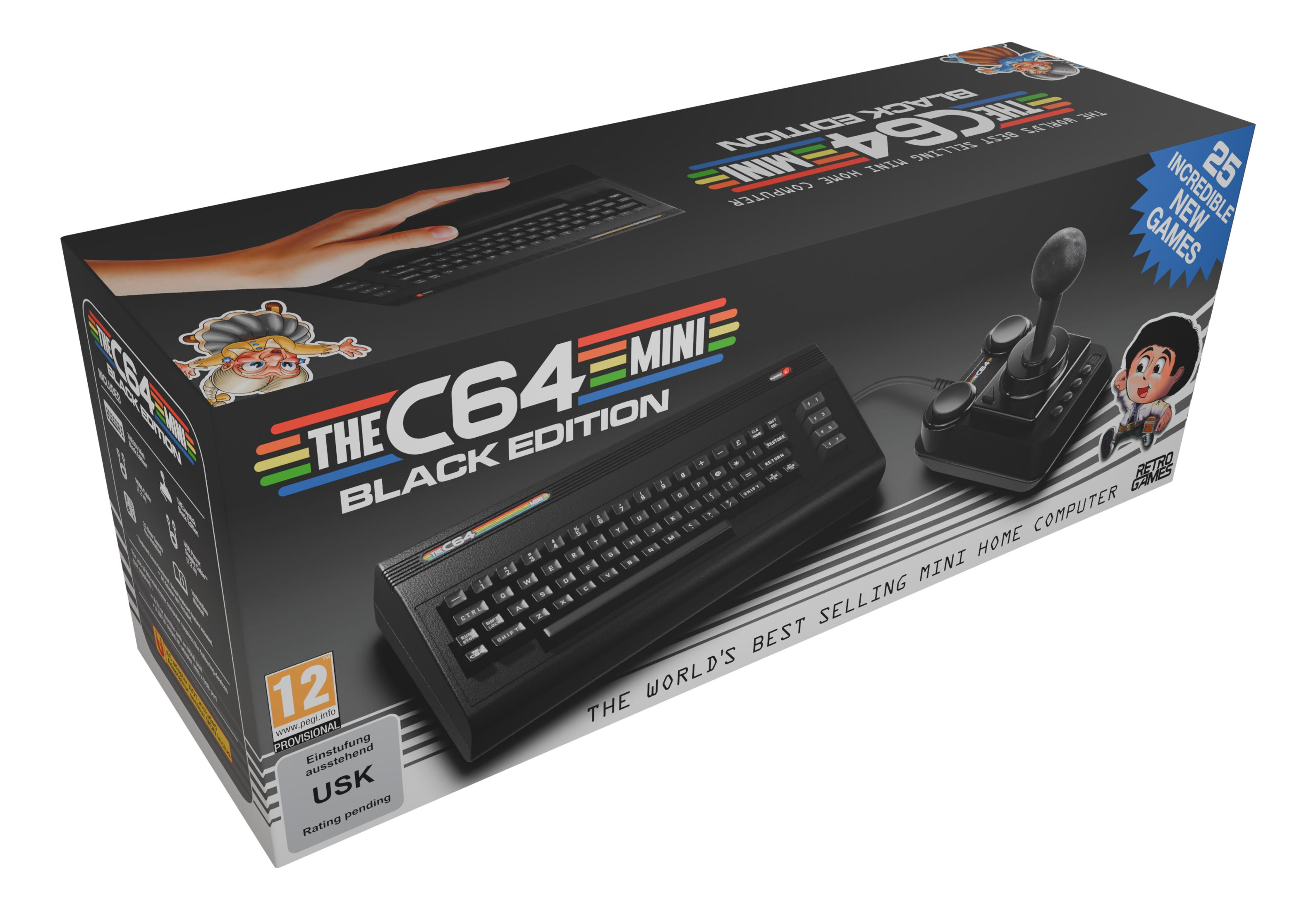 Opakowanie C64 Mini Black Edition z komputerem retro i joystickiem.