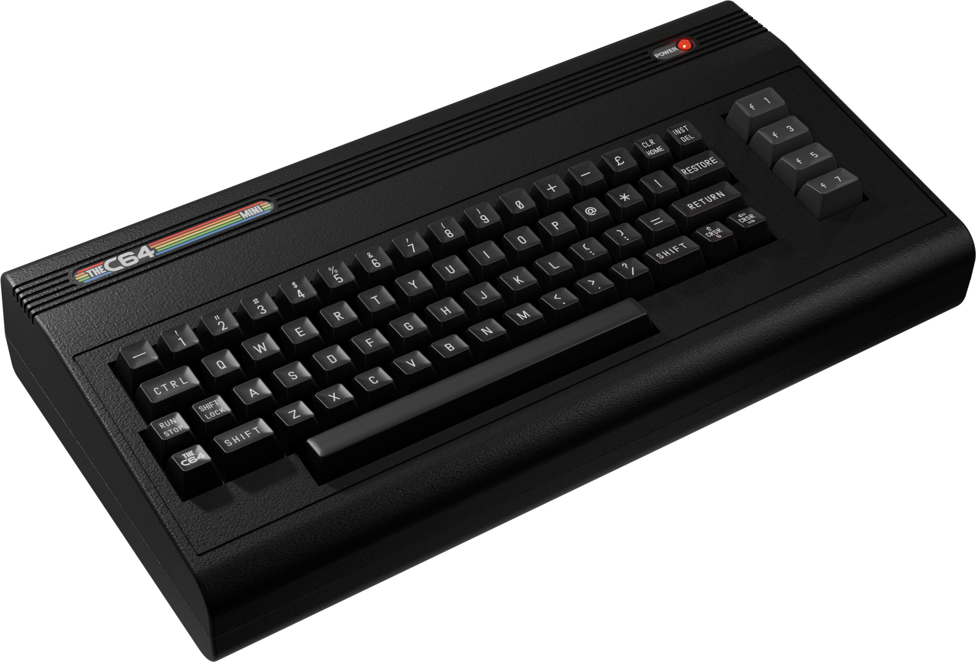Czarny Commodore 64 Mini z klawiaturą i diodą zasilania.