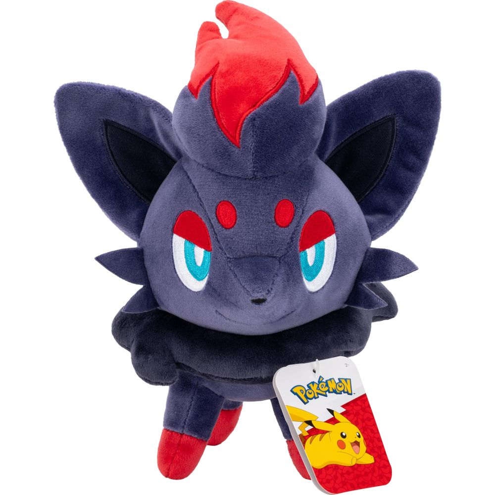 Peluche grigio scuro con accenti rossi e cartellino Pokémon.