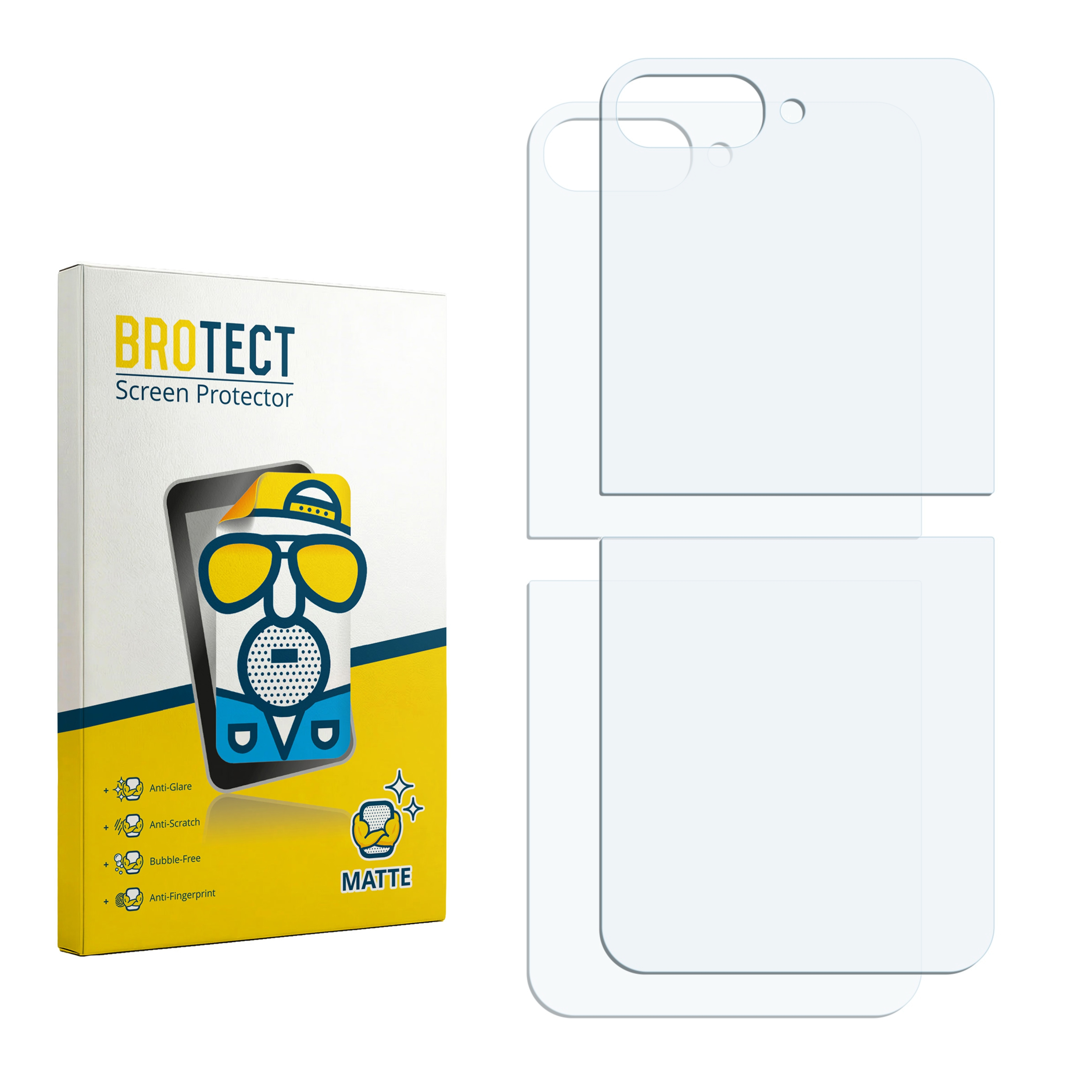 Verpackung für Displayschutzfolie mit drei transparenten Schutzfolien daneben.