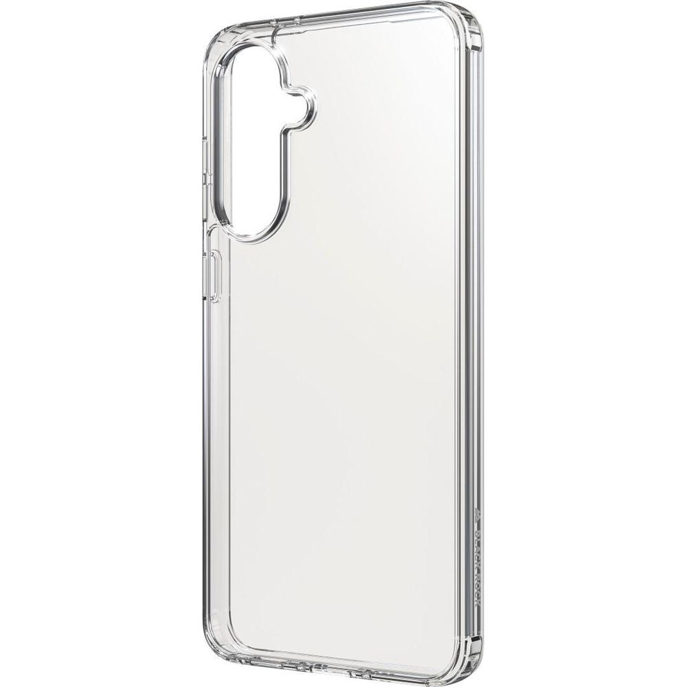 Coque de téléphone transparente avec découpes pour appareil photo et boutons.
