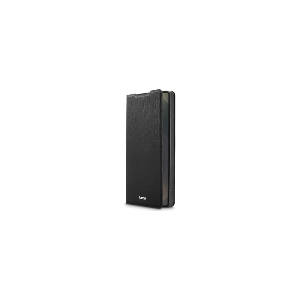 Un étui noir pour téléphone marque Hama, fermé, sur fond blanc.