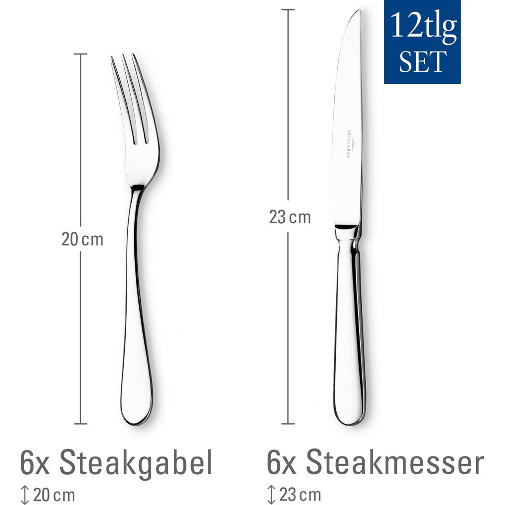 Set mit 6 Steakgabeln (20cm) und 6 Steakmessern (23cm).