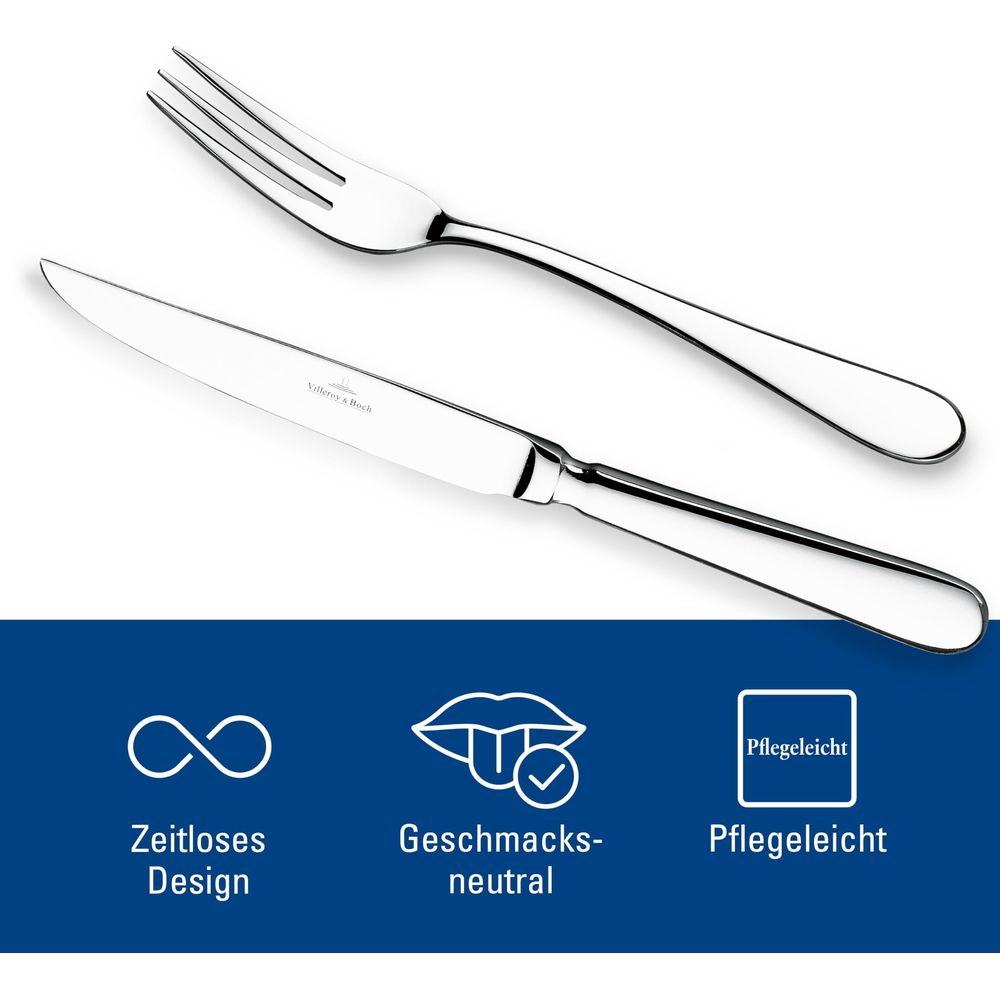 Ein glänzendes Messer und eine Gabel aus Edelstahl liegen nebeneinander.