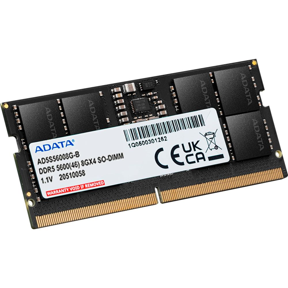 Een ADATA DDR5 SO-DIMM RAM-module met tekst en CE-UKCA-zegel.