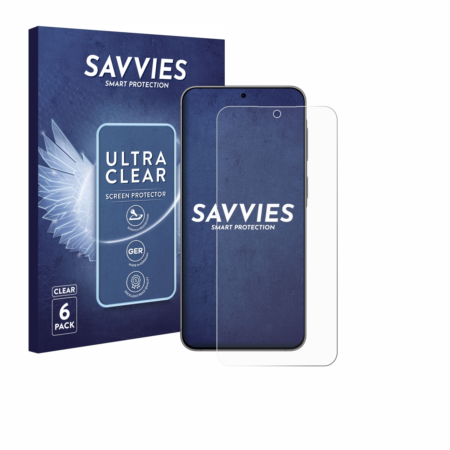 Savvies Displayschutzfolie für Smartphones im 6er-Pack mit Verpackung.