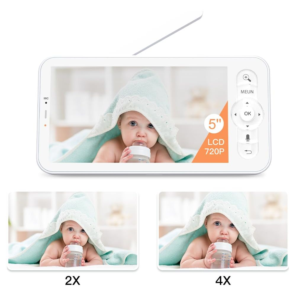 Baby mit Handtuch und Fläschchen auf dem Bildschirm eines Babyphones, 2X und 4X Zoom.