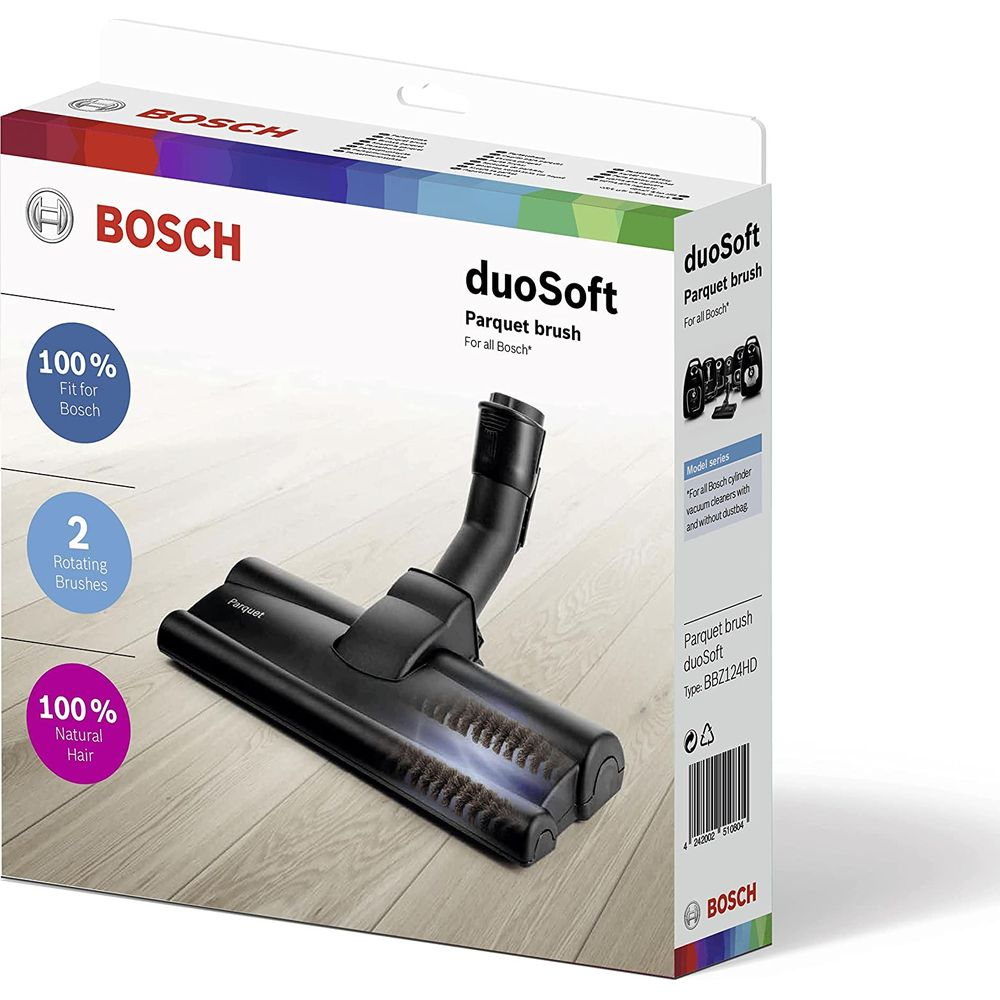 Verpackung für eine Bosch duoSoft Parkettbürste mit rotierenden Bürsten und Naturborsten.