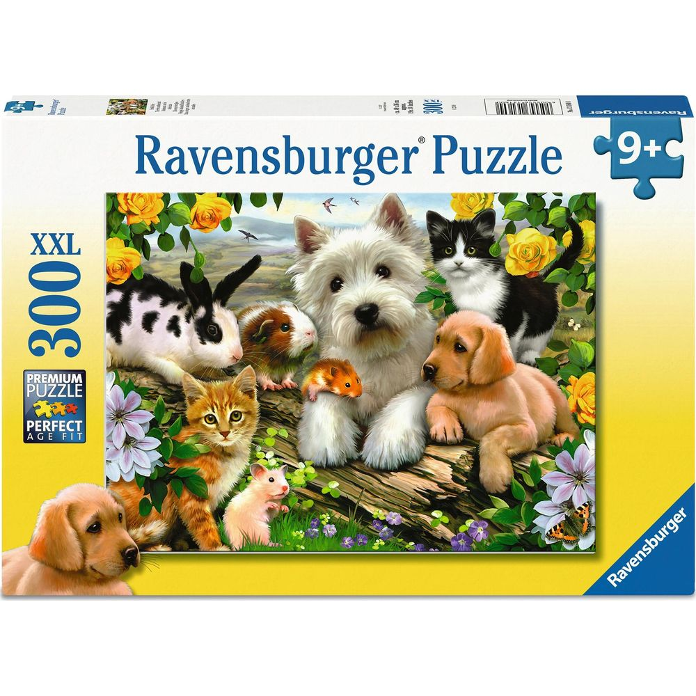 Puzzle Ravensburger 300 elementów: urocze zwierzęta jak psy, kot, królik, świnka morska, chomik, kociak.