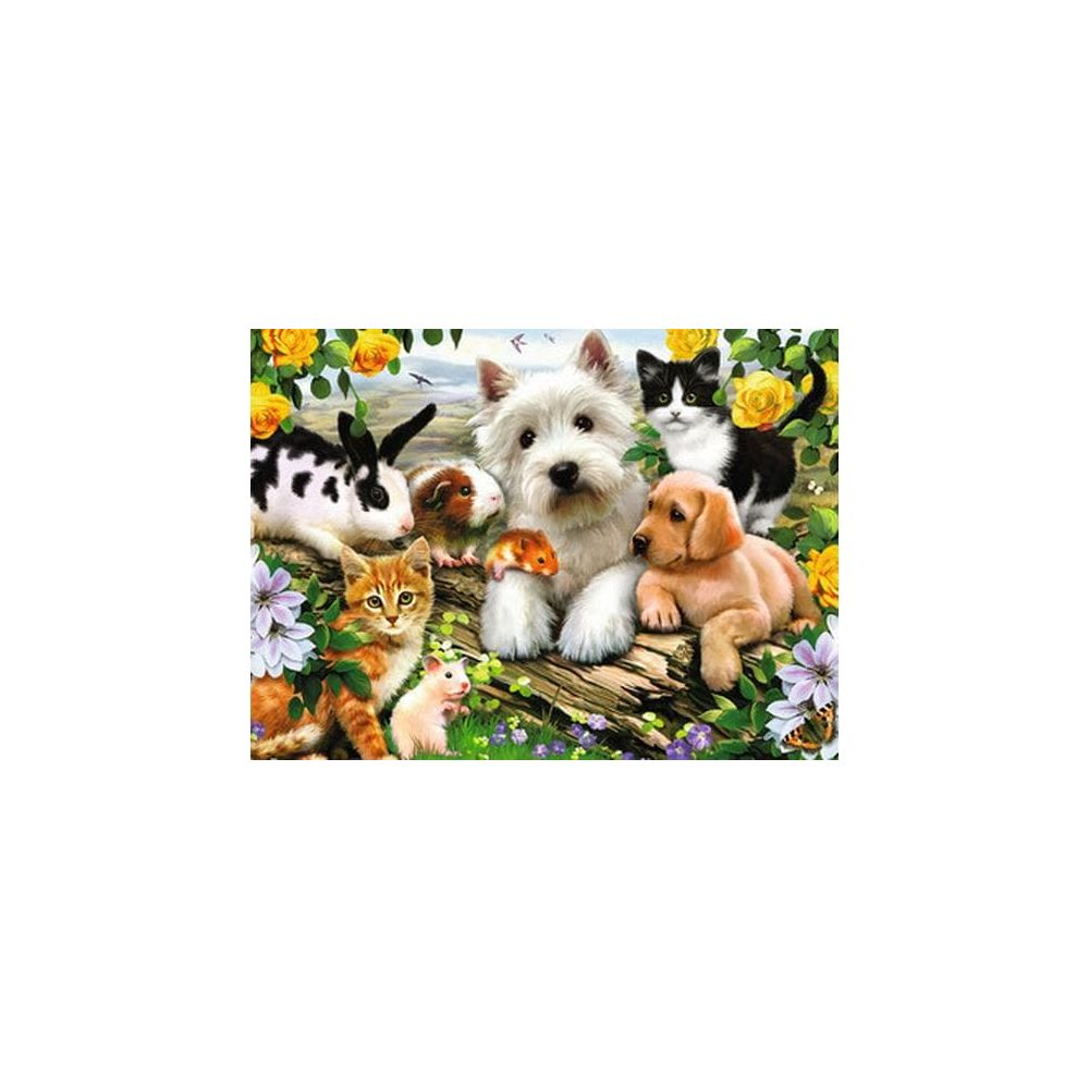 Psy, koty, królik, świnki morskie i chomiki siedzą na kłodzie.