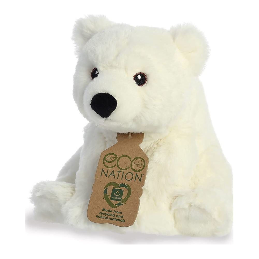 Un peluche di orso polare bianco con un'etichetta marrone che dice 'Eco Nation'.