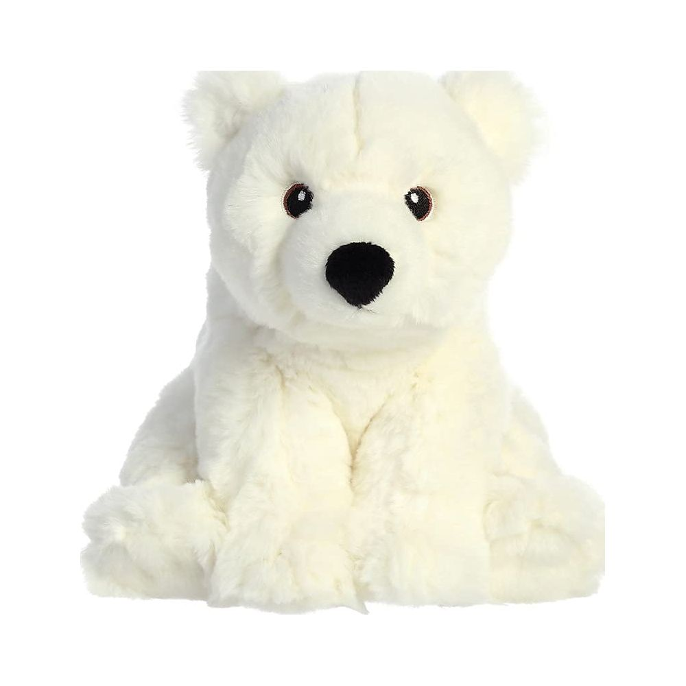 Un cucciolo di orso polare di peluche bianco seduto di fronte, con occhi e naso neri.