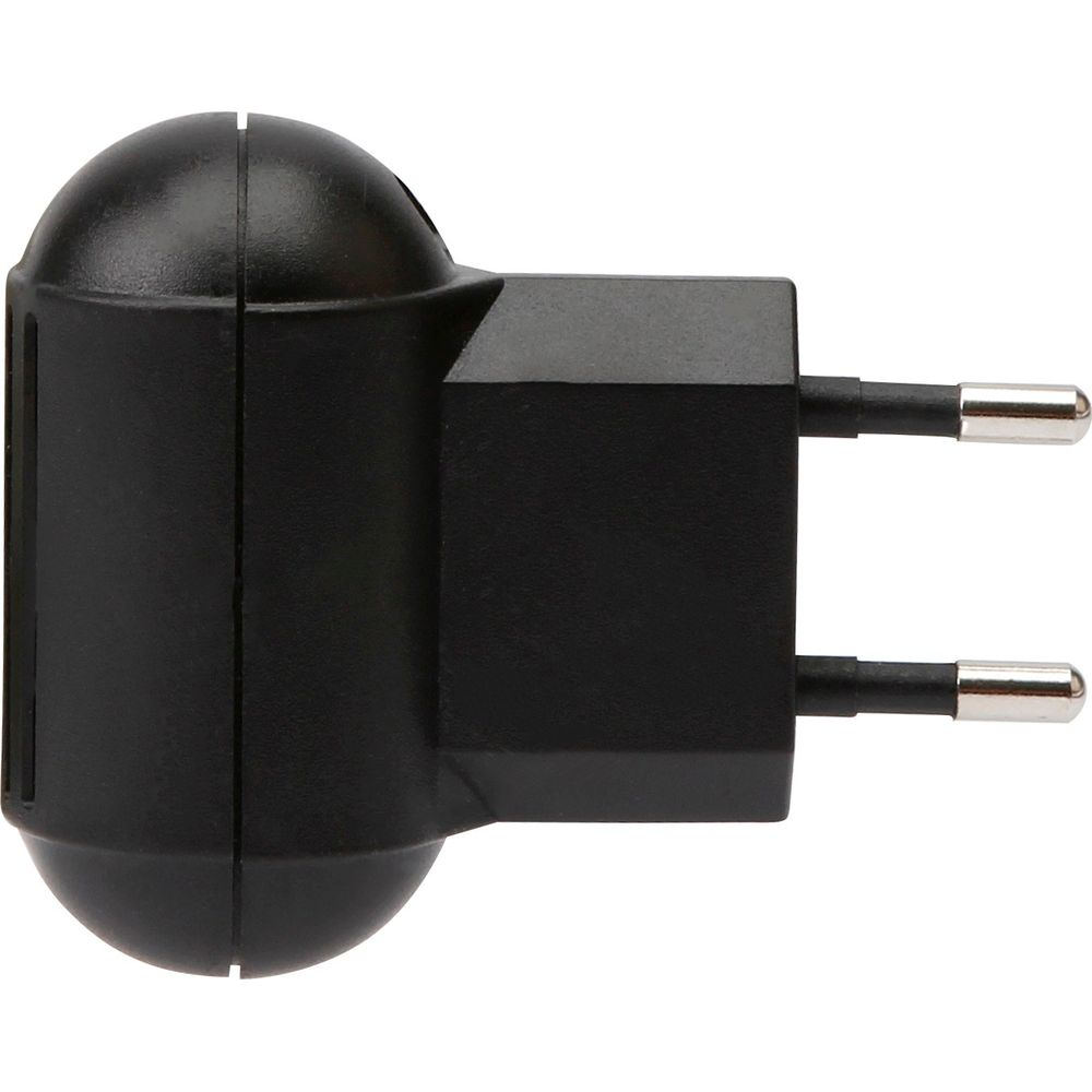 Ein schwarzer Steckeradapter mit zwei silbernen Stiften auf weißem Hintergrund.