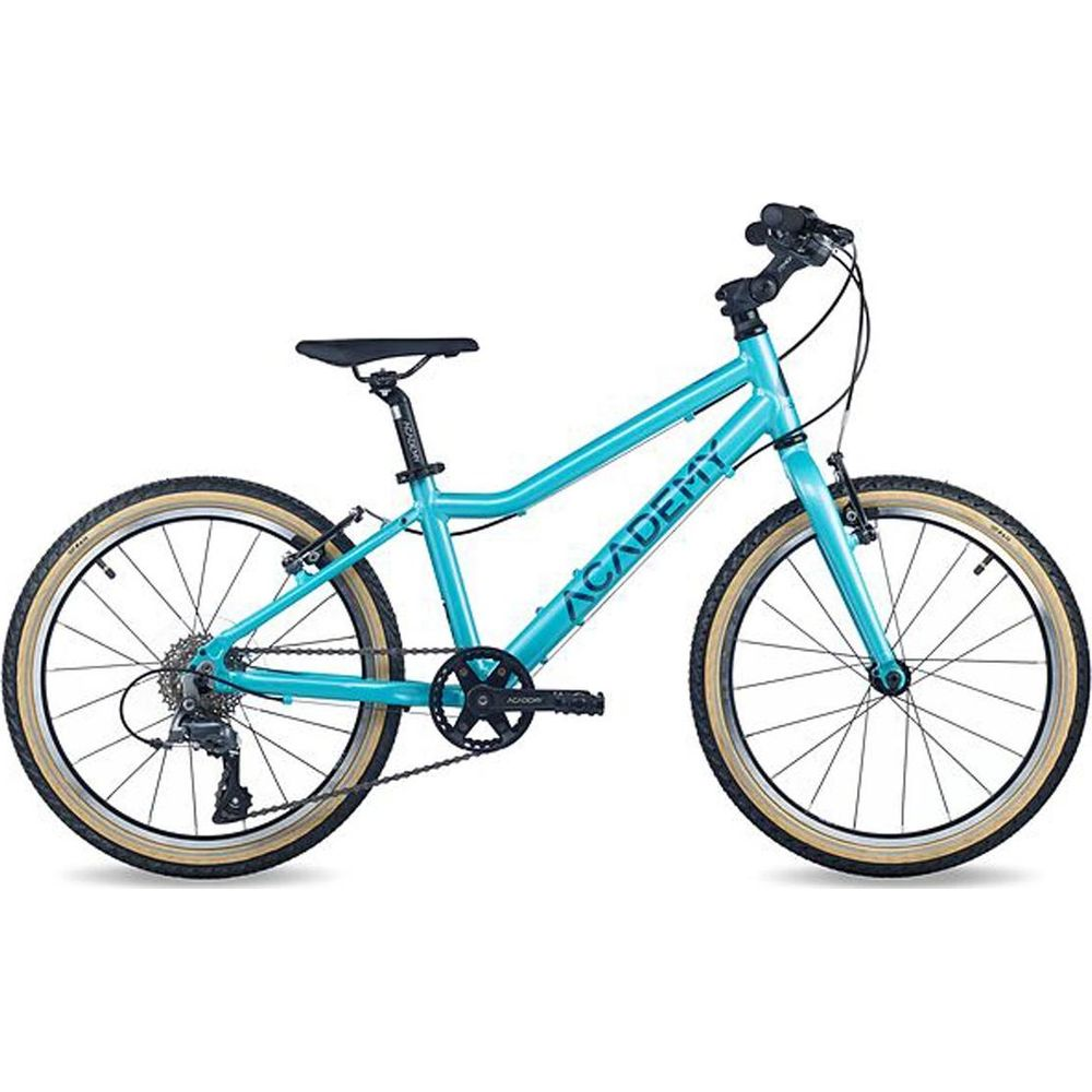 Ein türkisfarbenes Fahrrad der Marke Academy mit cremefarbenen Reifen und schwarzen Felgen.