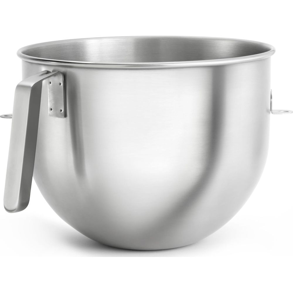 Ein glänzender silberner Rührschüssel aus Metall mit einem Griff.