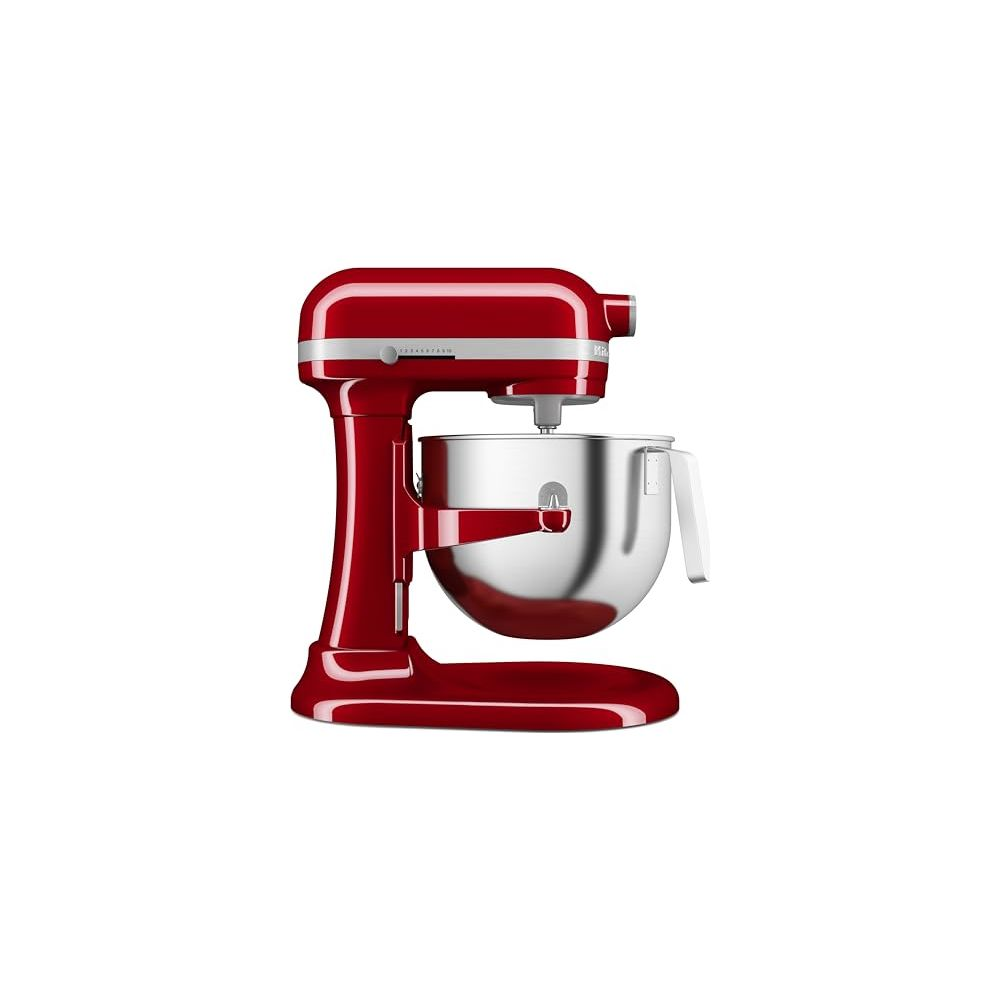 Ein roter Küchenmaschinen-Standmixer mit Edelstahlschüssel, seitenansicht.