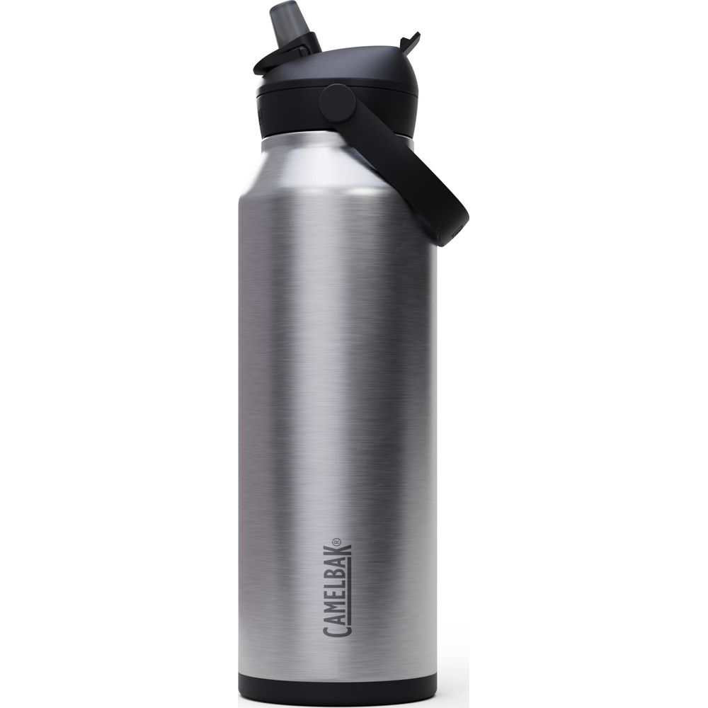 Eine silberne Camelbak-Trinkflasche mit schwarzem Deckel und Henkel.
