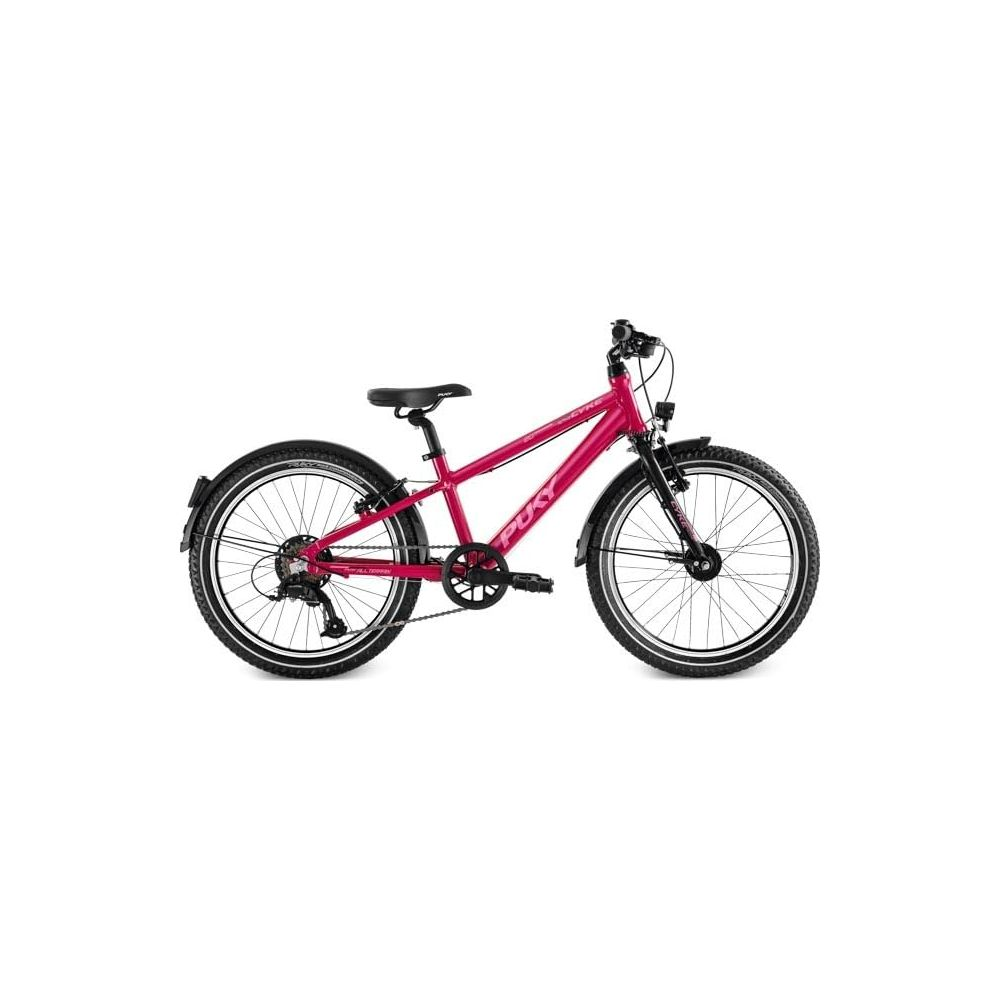 Ein pinkes Kinderfahrrad mit schwarzen Reifen und Felgen, Gabel und Lenker.