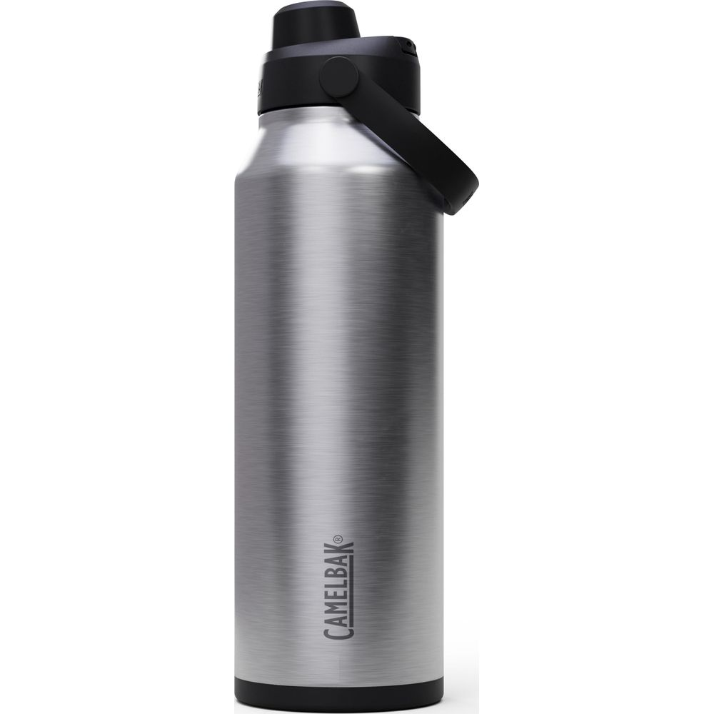 Eine silberne Edelstahlflasche mit schwarzem Deckel und Griff.