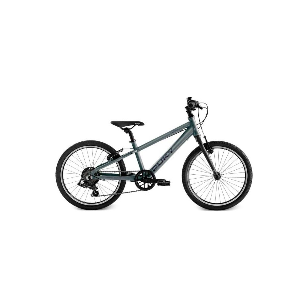 Un vélo enfant gris avec pneus et selle noirs.