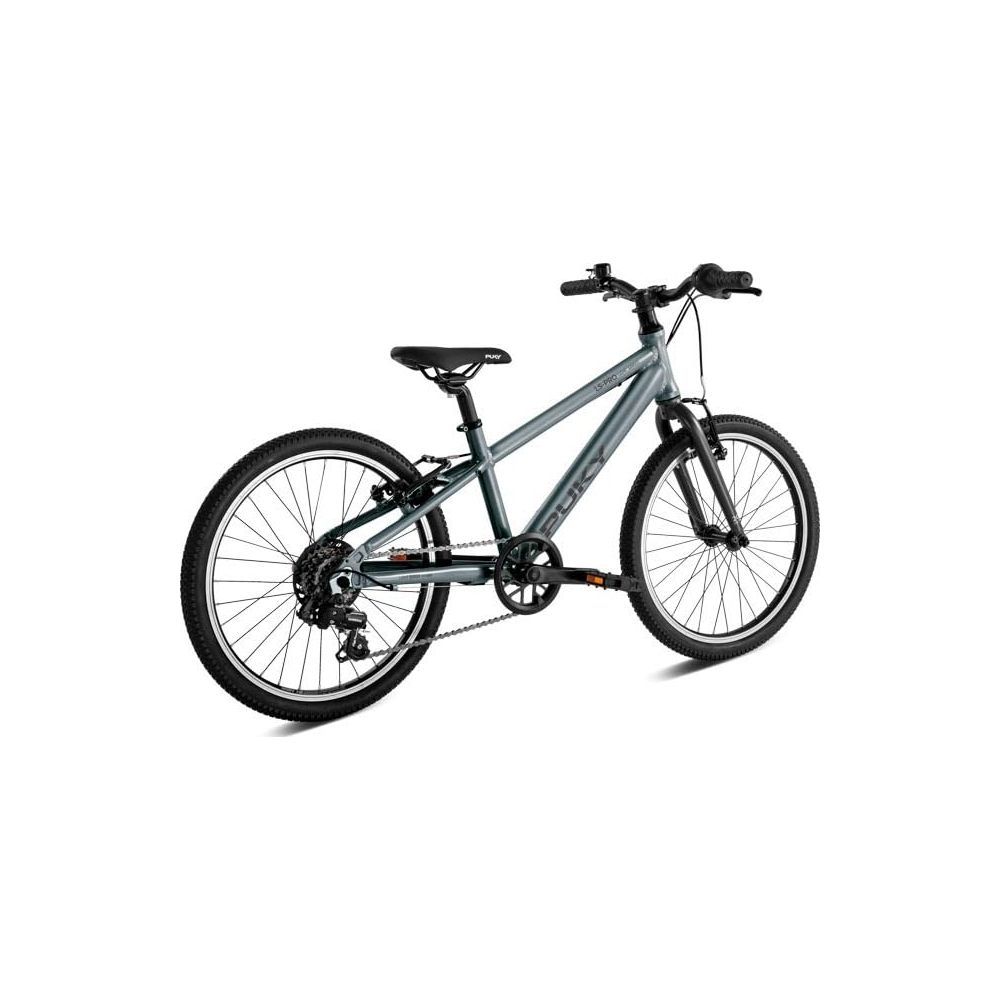 Vélo gris enfant avec pneus, selle et guidon noirs, isolé sur fond blanc.