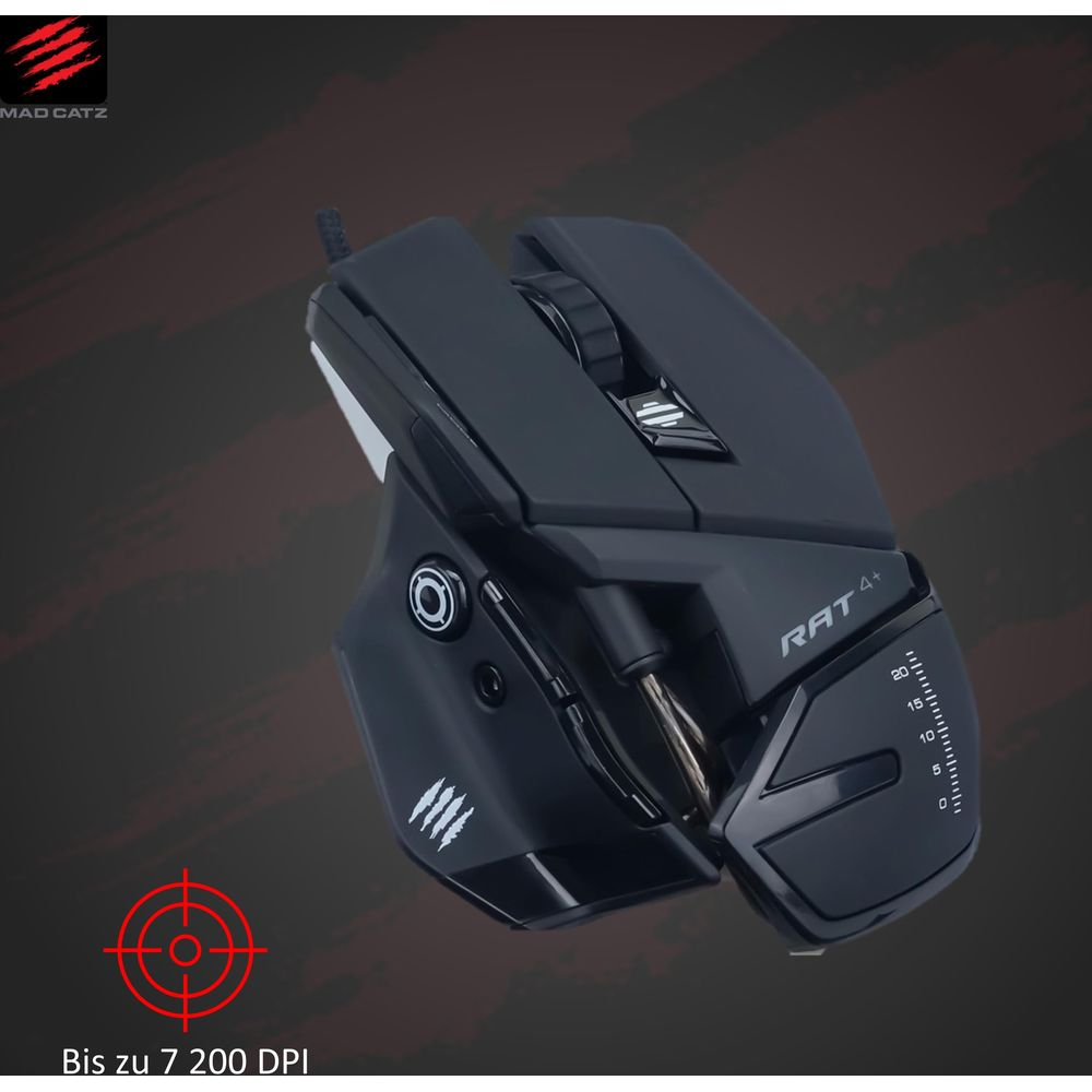 Czarna mysz gamingowa z kółkiem i przyciskami. Logo Mad Catz w lewym górnym rogu.