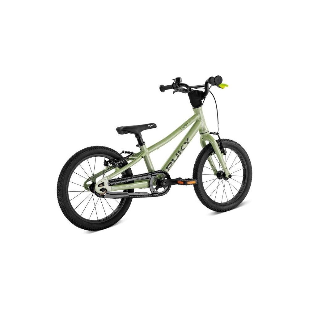 Grünes Kinderfahrrad mit schwarzen Rädern, Sitz und Lenker.
