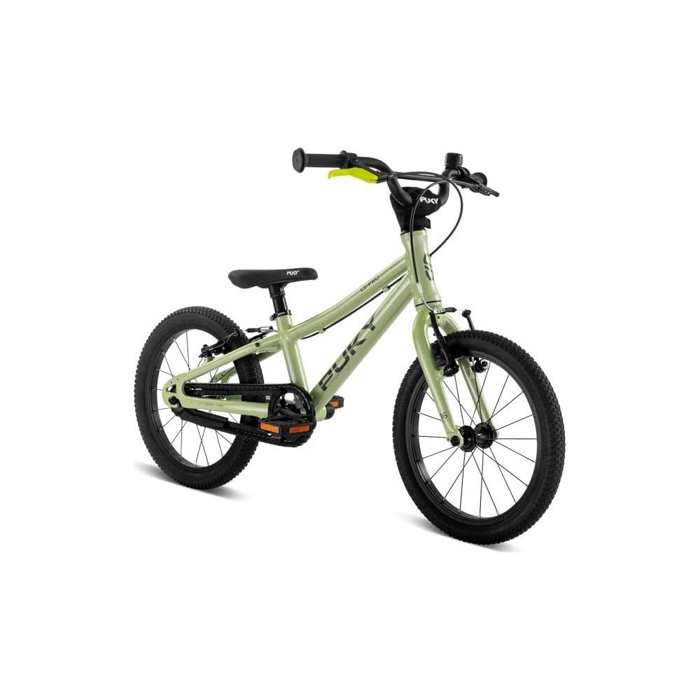 Ein hellgrünes Puky Fahrrad mit schwarzen Reifen und Pedalen, auf weißem Hintergrund.