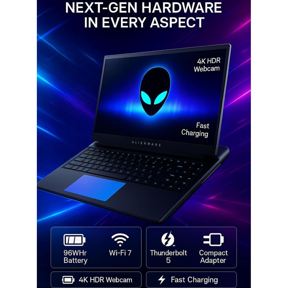 Laptop Alienware con webcam 4K HDR, ricarica rapida, Wi-Fi 7, Thunderbolt 5.