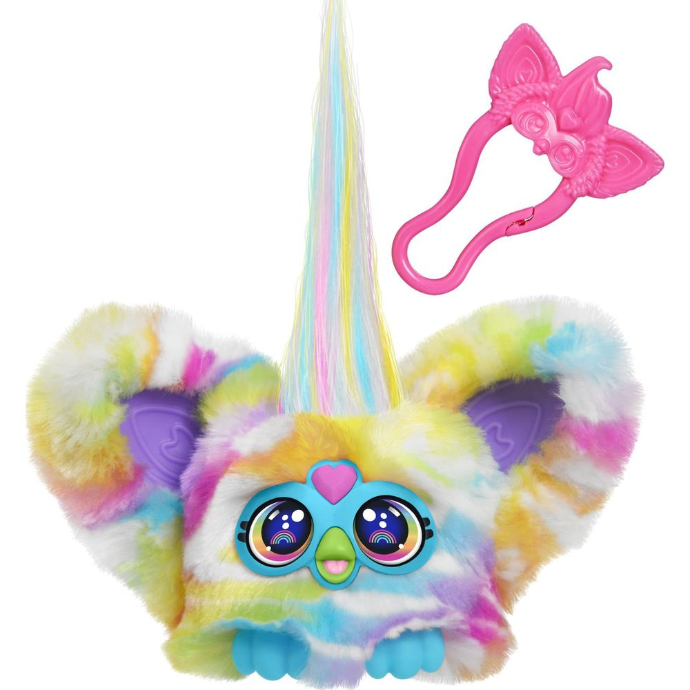 Un unicornio de juguete esponjoso y multicolor con grandes ojos azules y accesorio rosa.